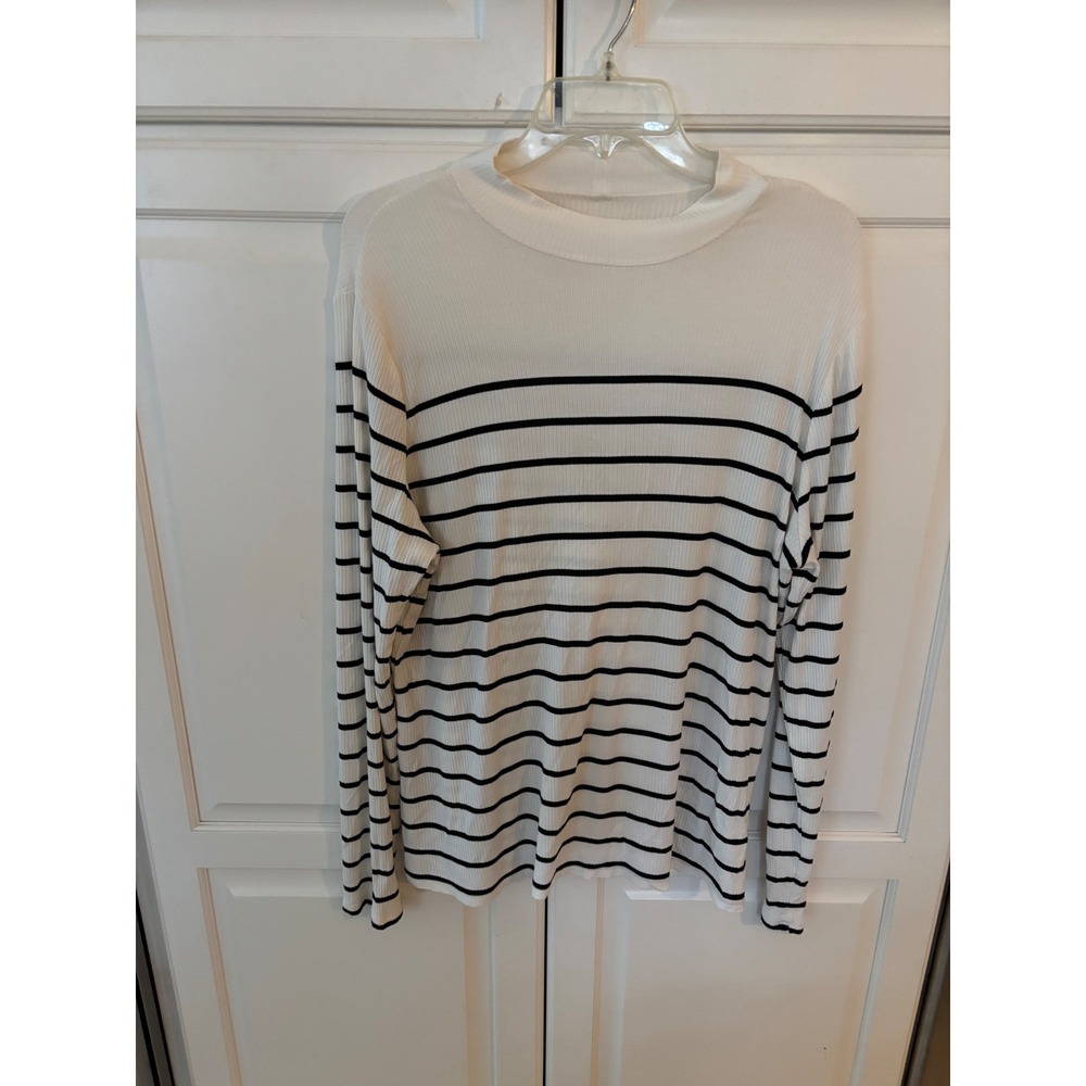 Ava & Viv Womens 1X Striped‎ Mock Neck Ribbed Long Sleeve Top Cream Black